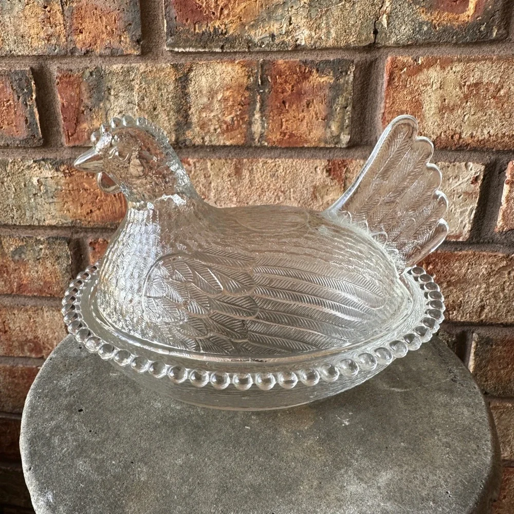 Vintage Clear Indiana Pressed Glass Hen on Nest Covered Candy Dish Beaded Rim